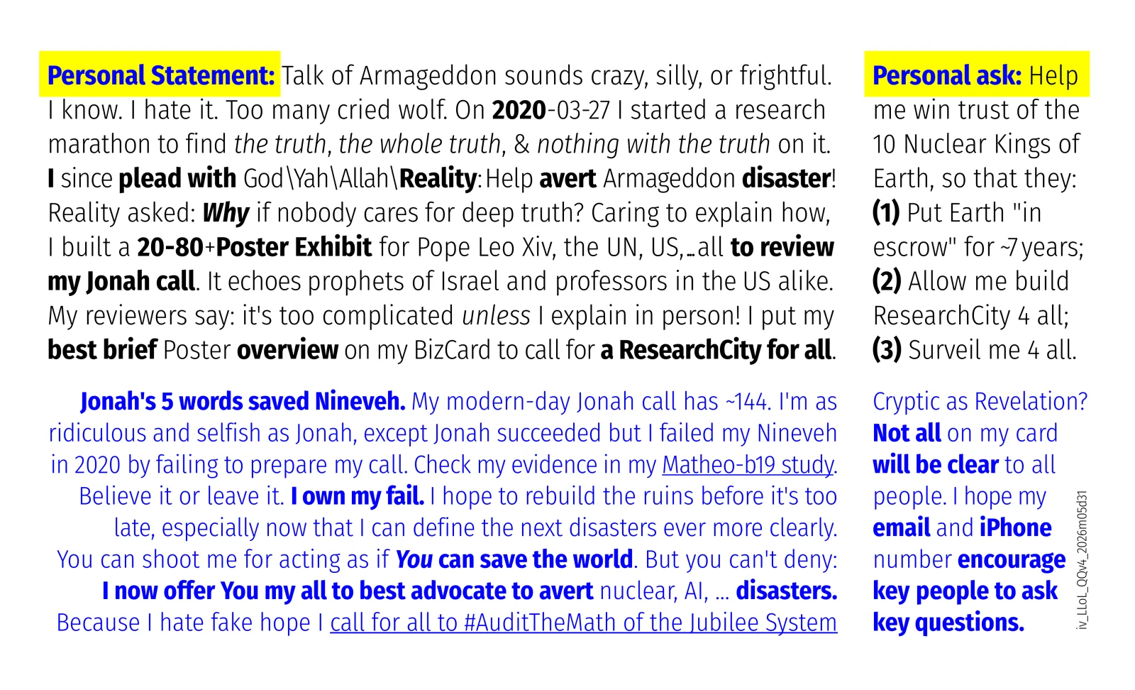 Card --- personal statement and ask; I own my fail; check my evidence in Matheo-b19; help win trust of the 10 Nuclear Kings